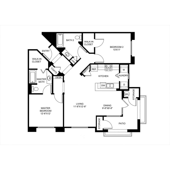 Birch - 2 Bedroom 2 Bath Floor Plan Layout - 1110 Square Feet at The Grove, Ontario, CA, 91761