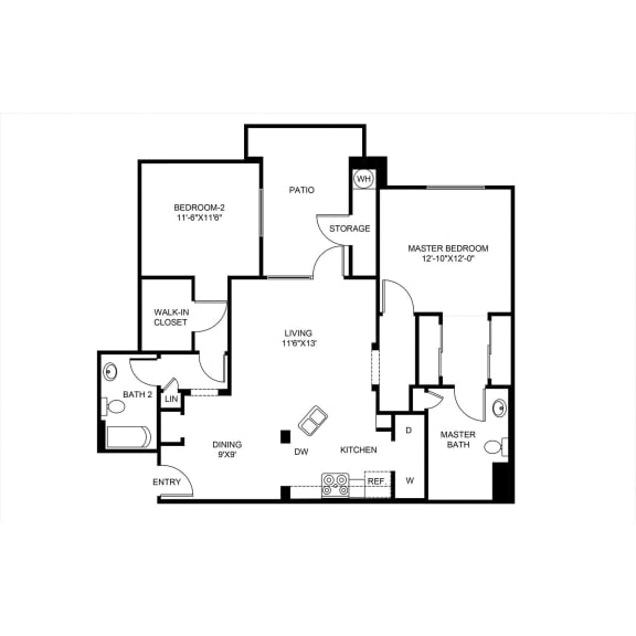 Magnolia 1075 - 2 Bedroom 2 Bath Floor Plan Layout - 1075 Square Feet