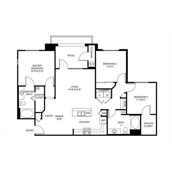 Redwood - 3 Bedroom 2 Bath Floor Plan Layout - 1277 Square Feet