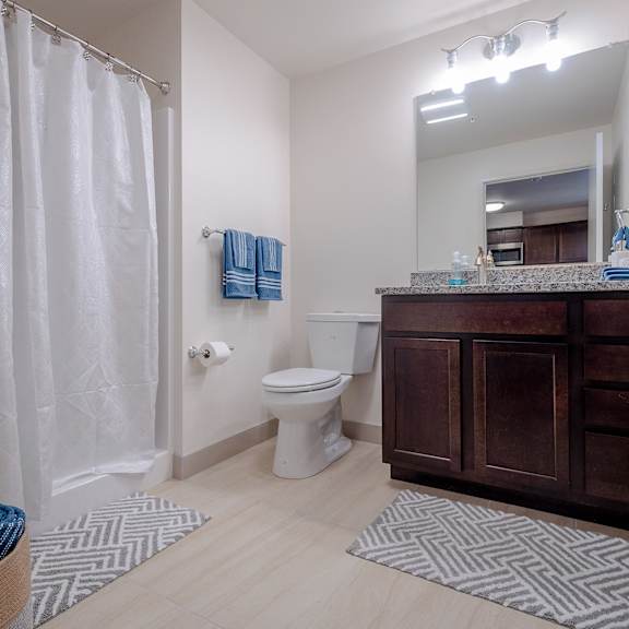 Bathroom of an apartment with vinyl flooring, a high ceiling, a vanity, a wide mirror, and excellent lighting.