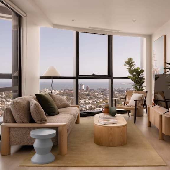 A modern living room with a view of the city.