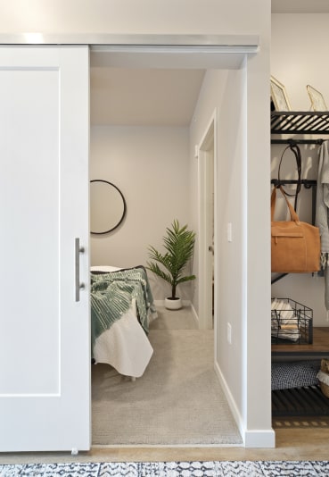 a bedroom with a closet and a closet door open to a room with a bed