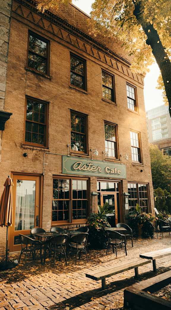 A street view of a cafe with a brown building and a tree in front.
