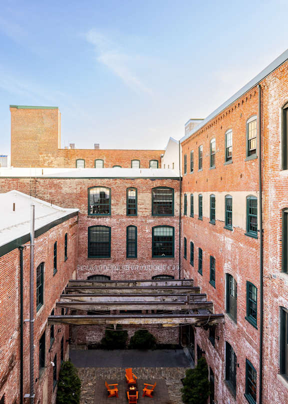 A view of a patio through a window at Oxford Mills
