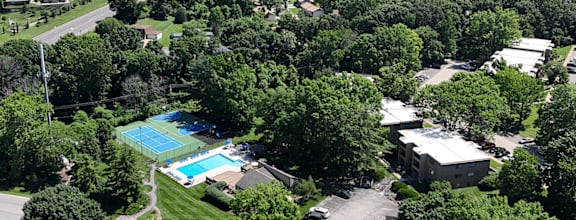 An aerial view of a swimming pool surrounded by trees.