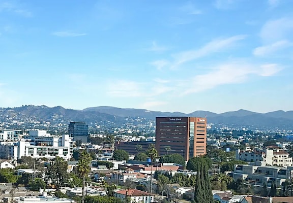 A cityscape with a mountain in the background.