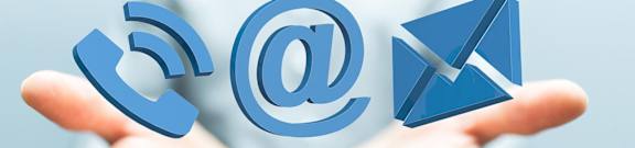 A person holding three icons representing phone, email, and mail.