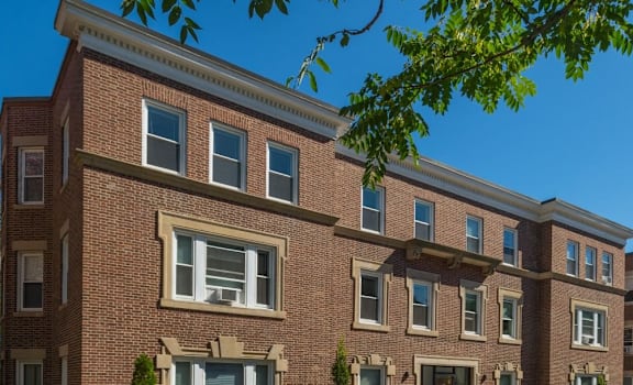 A row of red brick houses with white windows.
