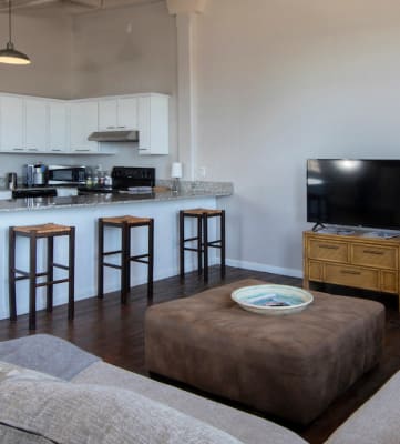 loft apartment with open concept floor plan, upgraded kitchen, and large windows at Goodall-Brown Lofts, Alabama, 35203