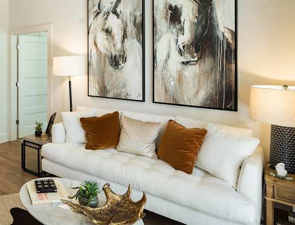 Gorgeous Modern Living Rooms with Barn-Style Lighting and Reclaimed Wood-Inspired Flooring at Echo at North Pointe Center Apartment Homes, Alpharetta, GA 30009