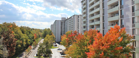 an aerial view of apartment buildings and trees in the fall