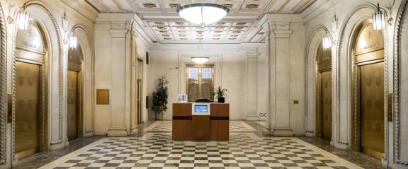 Ornate Marble Lobby with Tiffany Elevators  at Residences at Leader, Cleveland, OH, 44114