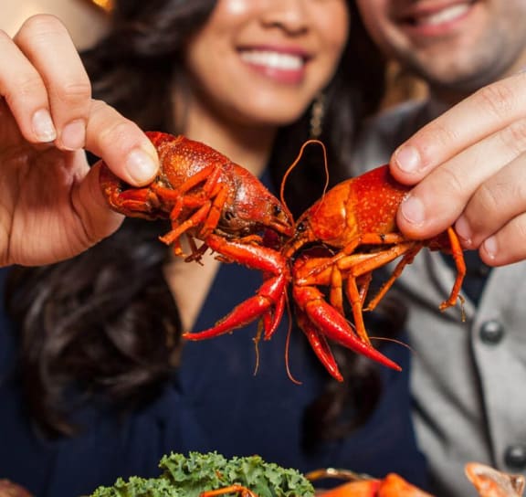 a couple holding two lobsters in front of them