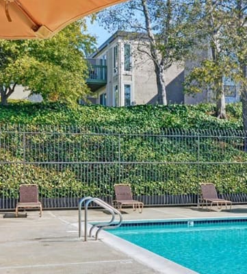 Pool seating at Baycliff Apartments in Richmond, CA