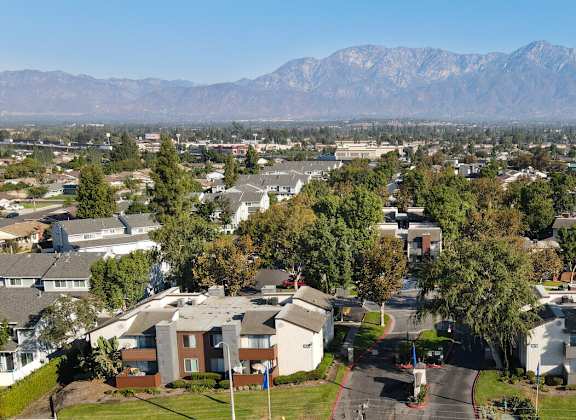 an aerial view of a neighborhood with houses and trees and mountains at Avante Apartments, Ontario, CA