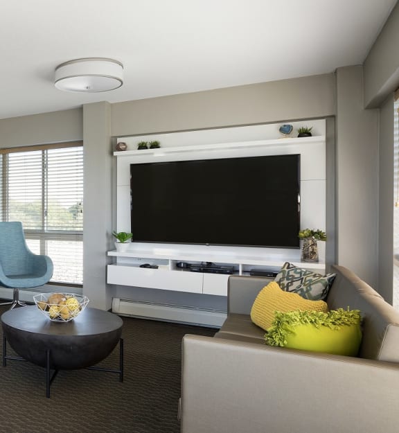 A modern living room with a grey carpet and a kitchen area in the background. at Park Towers, Minnesota, 55416