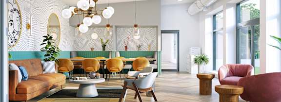 A modern living room with a mix of furniture and decor.