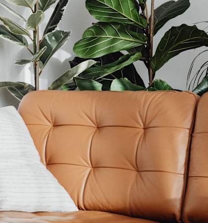 A white pillow on a brown leather couch.