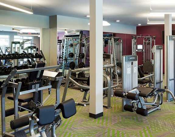 A gym with a variety of equipment including weights and cardio machines at Era on Excelsior, St. Louis Park, Minnesota