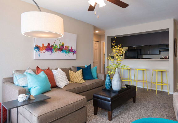 Open concept living and dining room at Reflection Cove Apartments, Manchester, MO, 63021