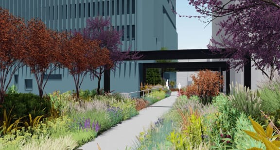 a rendering of a garden with a path and buildings in the background