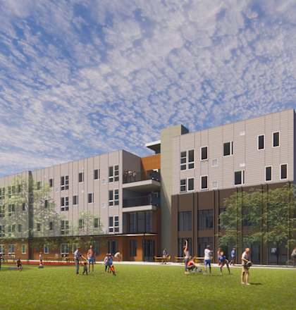 a rendering of a building with people walking on a grassy field in front of it