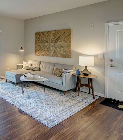 well lit and spacious living room at Algonquin Square in Chicago, IL