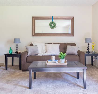 The Springs living room with carpet flooring and ceiling fans