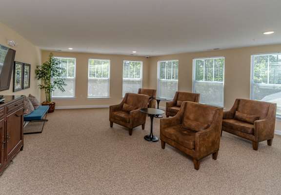 a living room with couches and chairs and a television