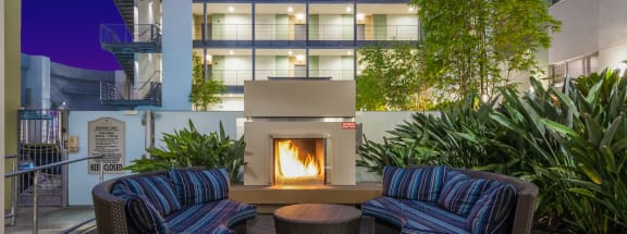 Relaxing, Outdoor Lounge Area with Fireplace at Sunset and Vine, Los Angeles, CA