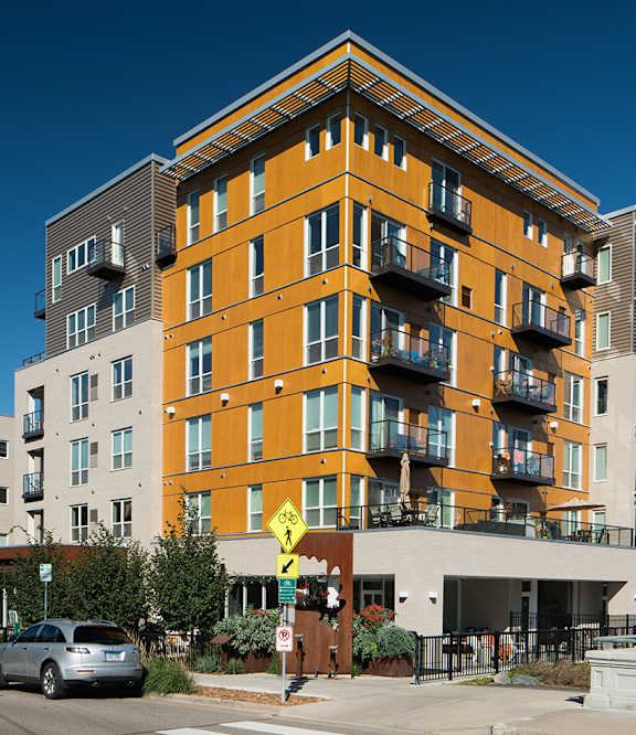 Street view of the exterior apartment building at Track 29 Apartments, Minneapolis