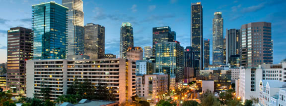 a view of the downtown los angeles skyline at dusk