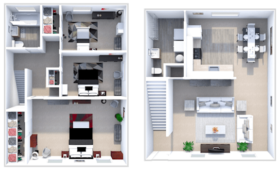 two views of a 3d rendering of a floor plan of a house