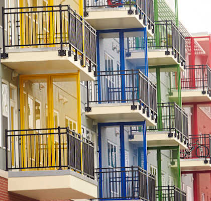 Colorful balconies at The Cole Apartments, Columbus, IN