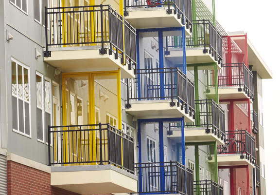 Colorful balconies at The Cole Apartments, Columbus, IN