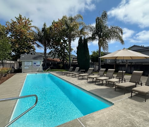 A swimming pool surrounded by trees and chairs.