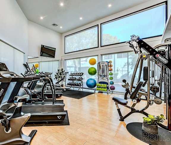A gym with treadmills, exercise bikes, and weights.