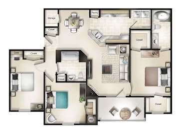 Manor House I (3 Bed / 2 Bath / Balcony or Patio) Floor Plan at Brittany Commons Apartments, Spotsylvania, Virginia at Brittany Commons Apartments, Spotsylvania, Virginia