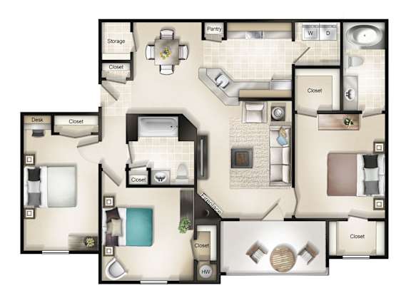 Manor House I (3 Bed / 2 Bath / Balcony or Patio) Floor Plan at Brittany Commons Apartments, Spotsylvania, Virginia at Brittany Commons Apartments, Spotsylvania, Virginia