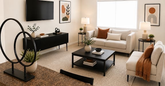 A living room with a black sofa, a white couch, and a TV mounted on the wall.