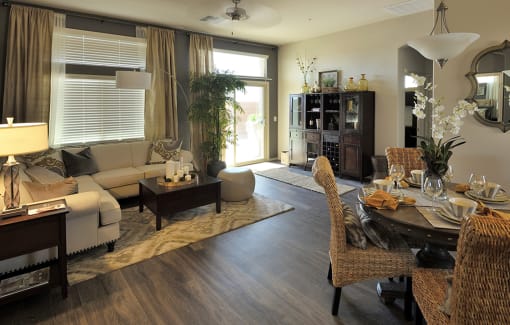 Living room and dining area at Sabino Vista Apartments in Tucson AZ