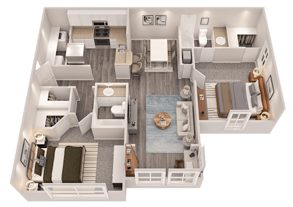 A 3D floor plan of a house with a kitchen, living room, dining room, and bedrooms.