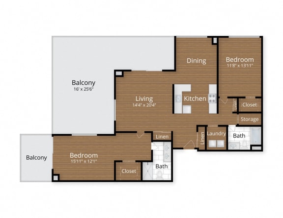 Floor Plan  2 bed 2 bath D at Lenox Club Apartments, Arlington, VA