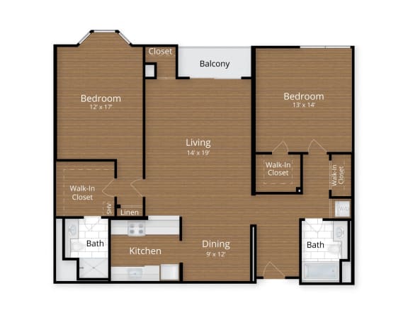 Floor Plan  2 bedroom 2 bathroom A at Lenox Club Apartments, Silver Spring