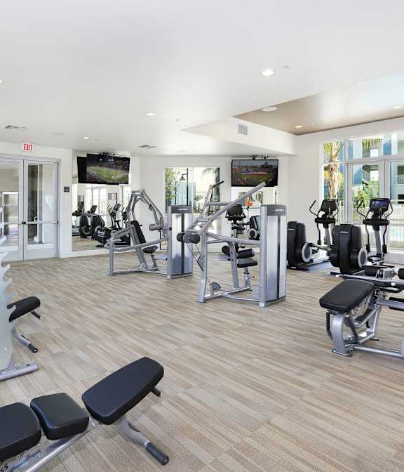 a gym with cardio machines and weights on a wood floor
