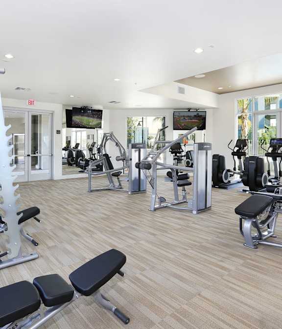 a gym with cardio machines and weights on a wood floor