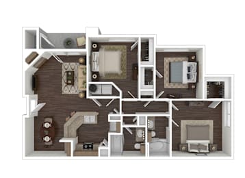 a 3d floor plan of a bedroom with a bathroom and a living room