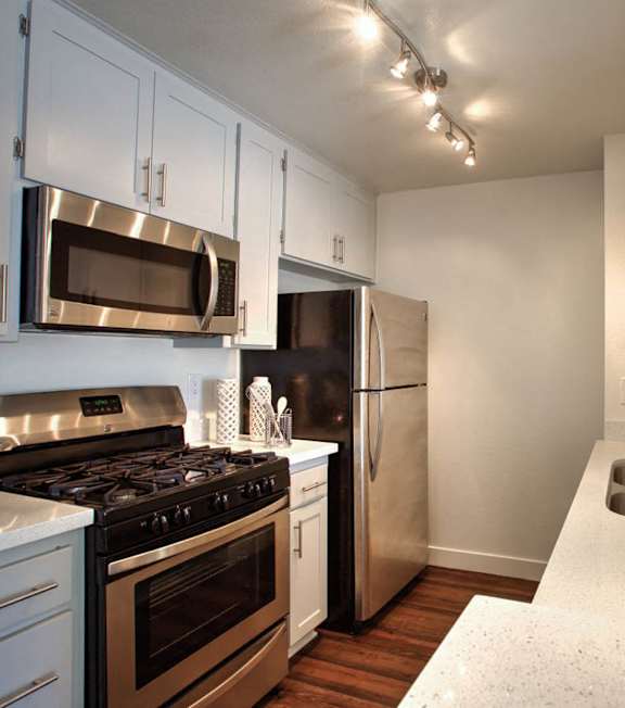 a fully equipped kitchen at Toluca Lofts, Toluca Lake, CA