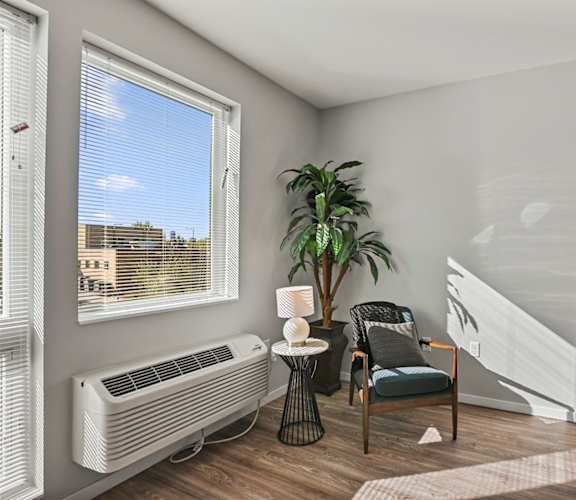 A room with a white wall, a window with blinds, a plant, a chair, a table, a lamp, and a radiator.