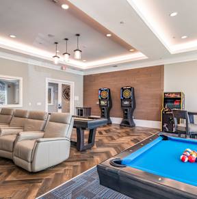 a game room with a pool table and a couch